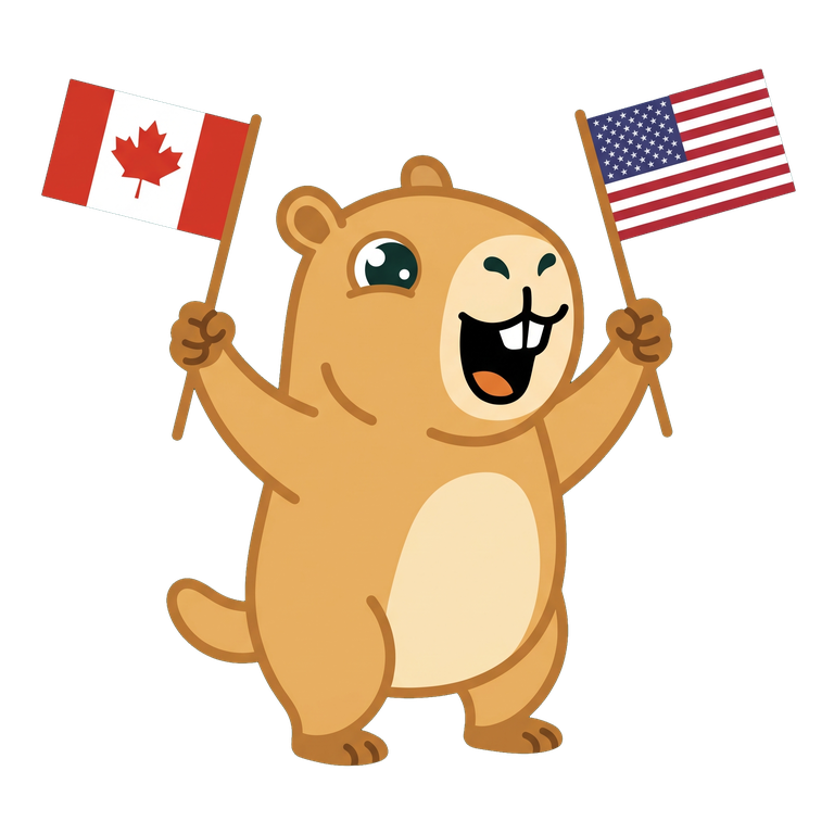 Mascote DESEMBUCHA — capivara segurando as bandeiras do Canadá e dos Estados Unidos